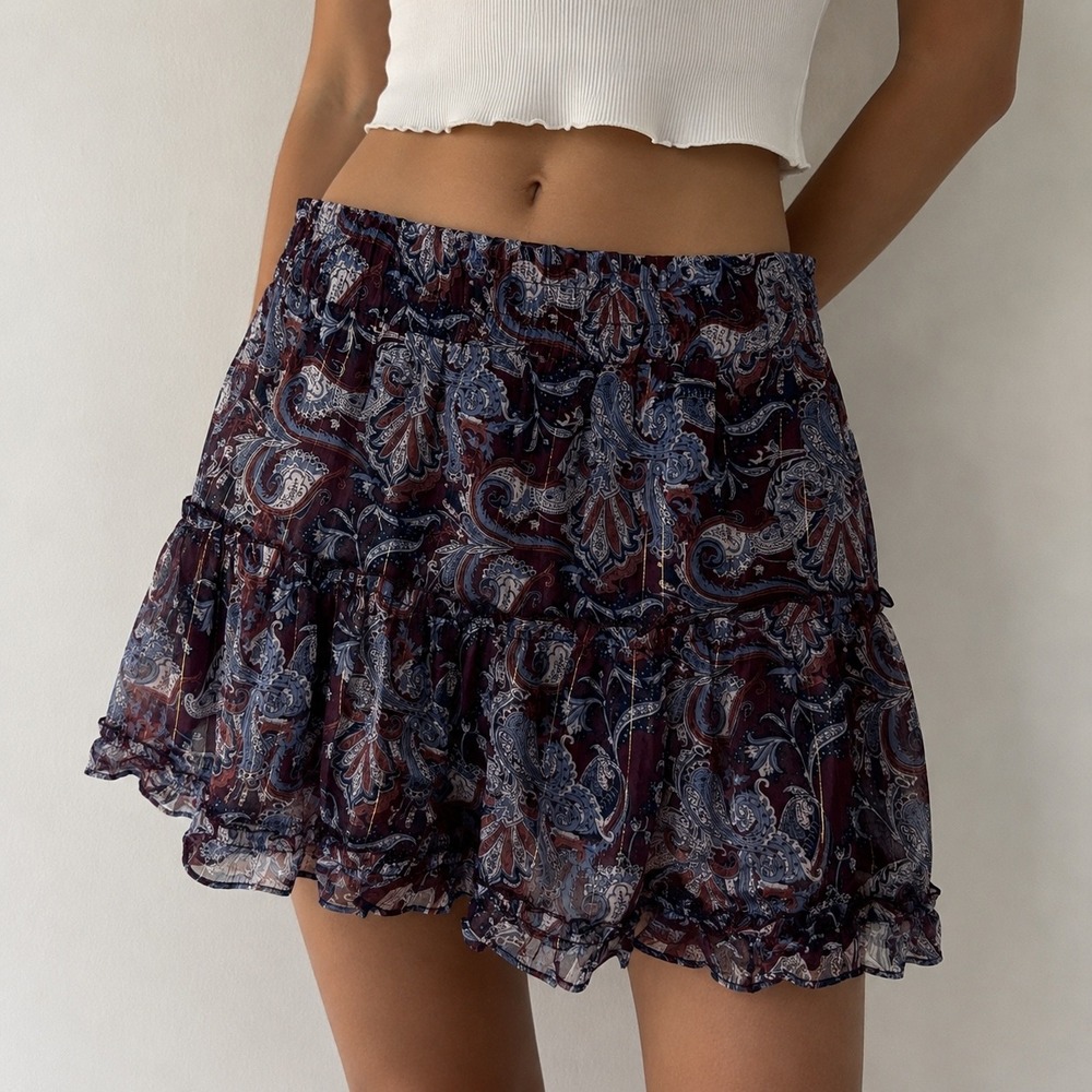 Bishop + Young Blue Purple Paisley Ruffle Mini Skirt Metallic Medium Boho Indie